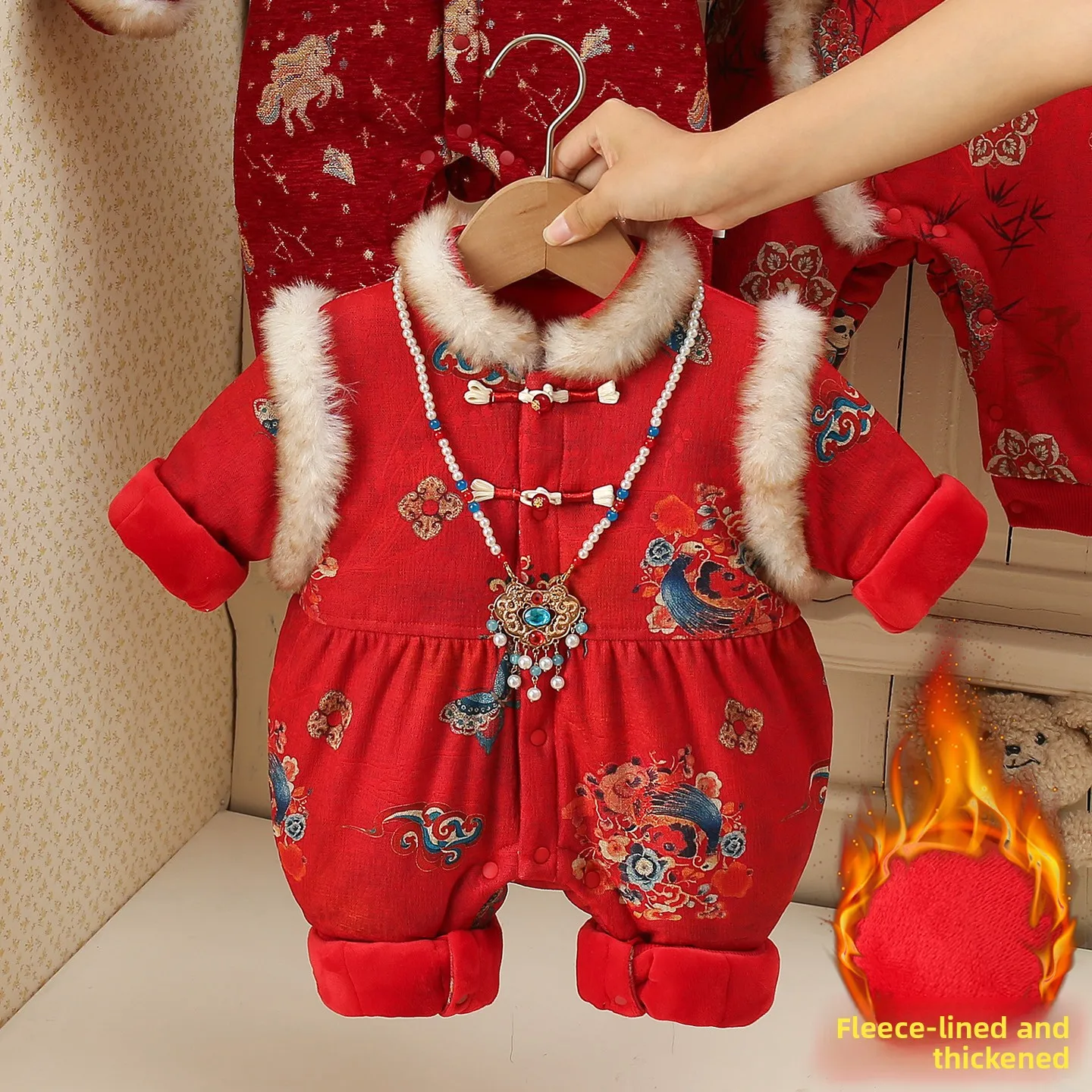 ชุดฉลองปีใหม่สำหรับเด็กทารกหญิง แขนยาว ผ้าโพลีเอสเตอร์ อุ่นสบาย สำหรับฤดูหนาว รุ่น Baby Winter Rer Fce Lined  สำหรับงานวันเกิด