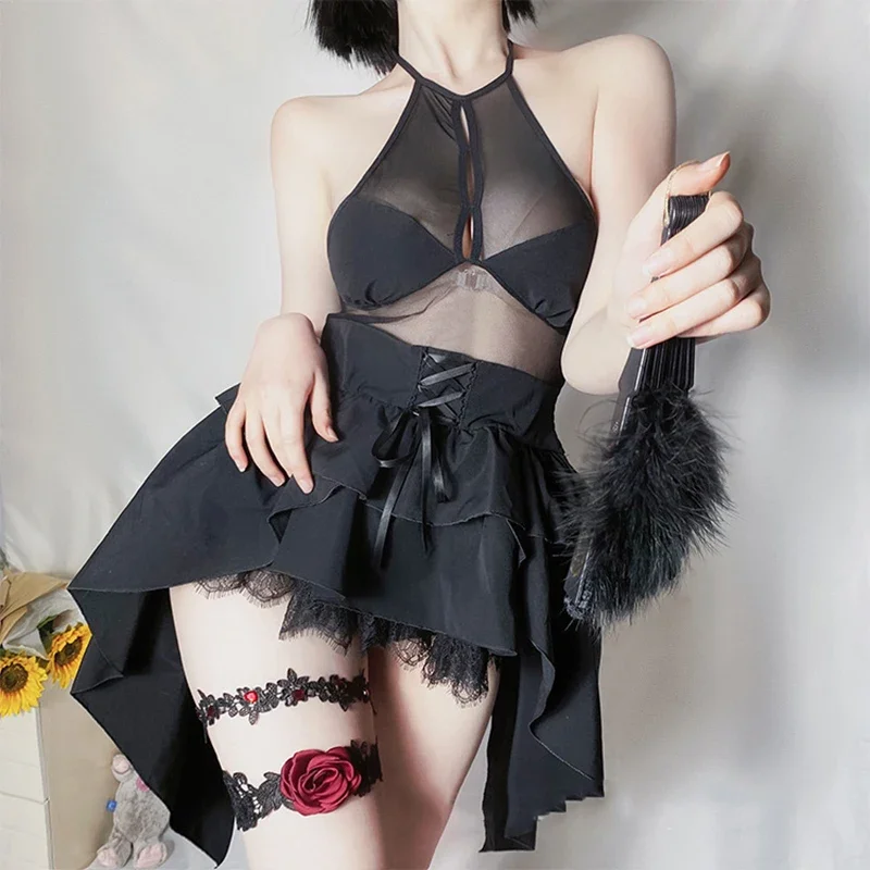 Disfraz de Demon para mujer, lencería Sexy de encaje negro de Lolita gótica, vestido asimétrico sin espalda, lindo Anime malvado para boda