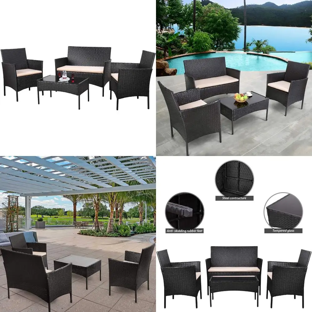 

4-Piece Outdoor Patio Furniture Set Rattan Chairs Wicker, Suitable for Backyard, Garden, Poolside, and Balcony