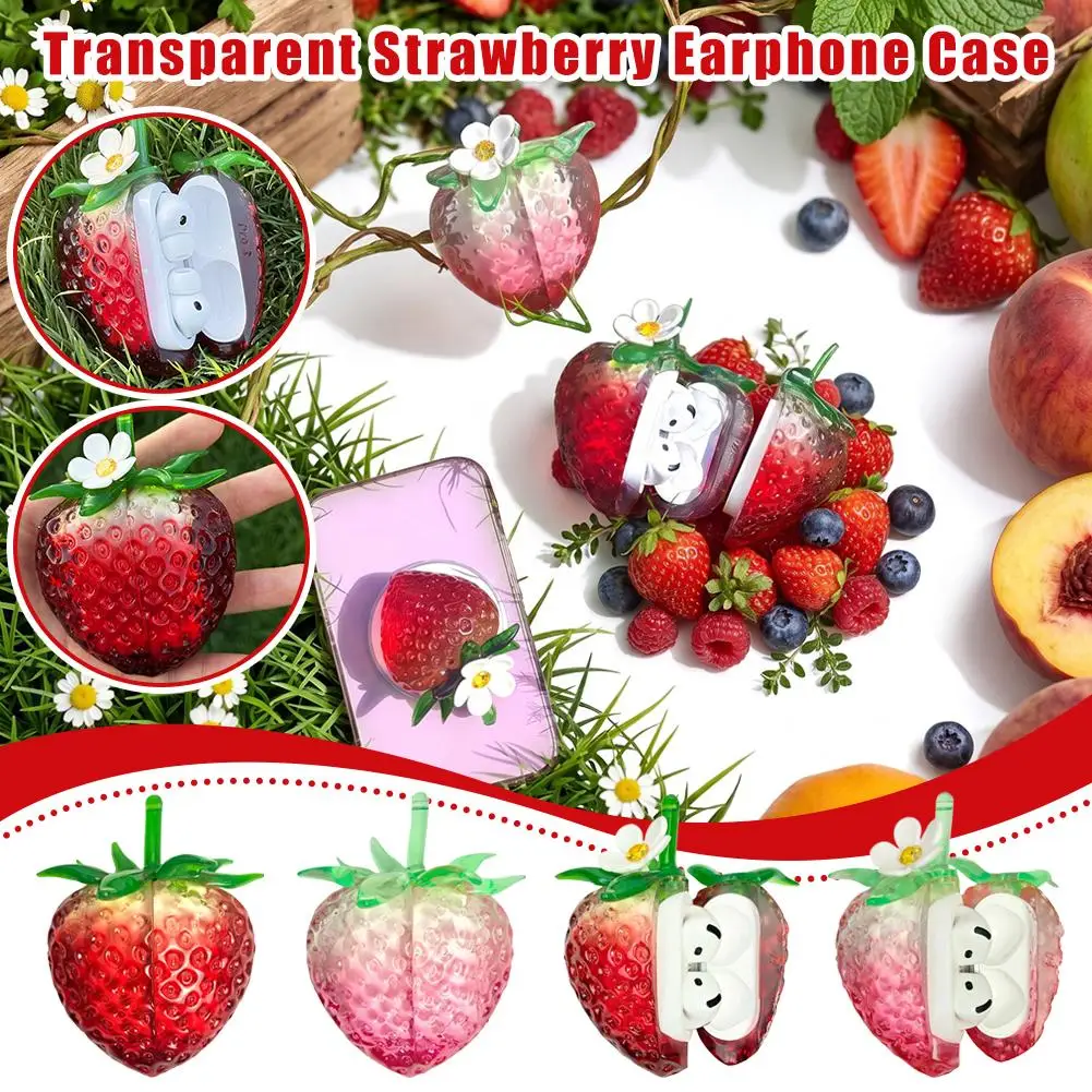 

Clear Strawberry Earphone Case For AirPods All Models Soft Silicone Shockproof Anti Yellowing Precise Cutout With Lanyard Cute