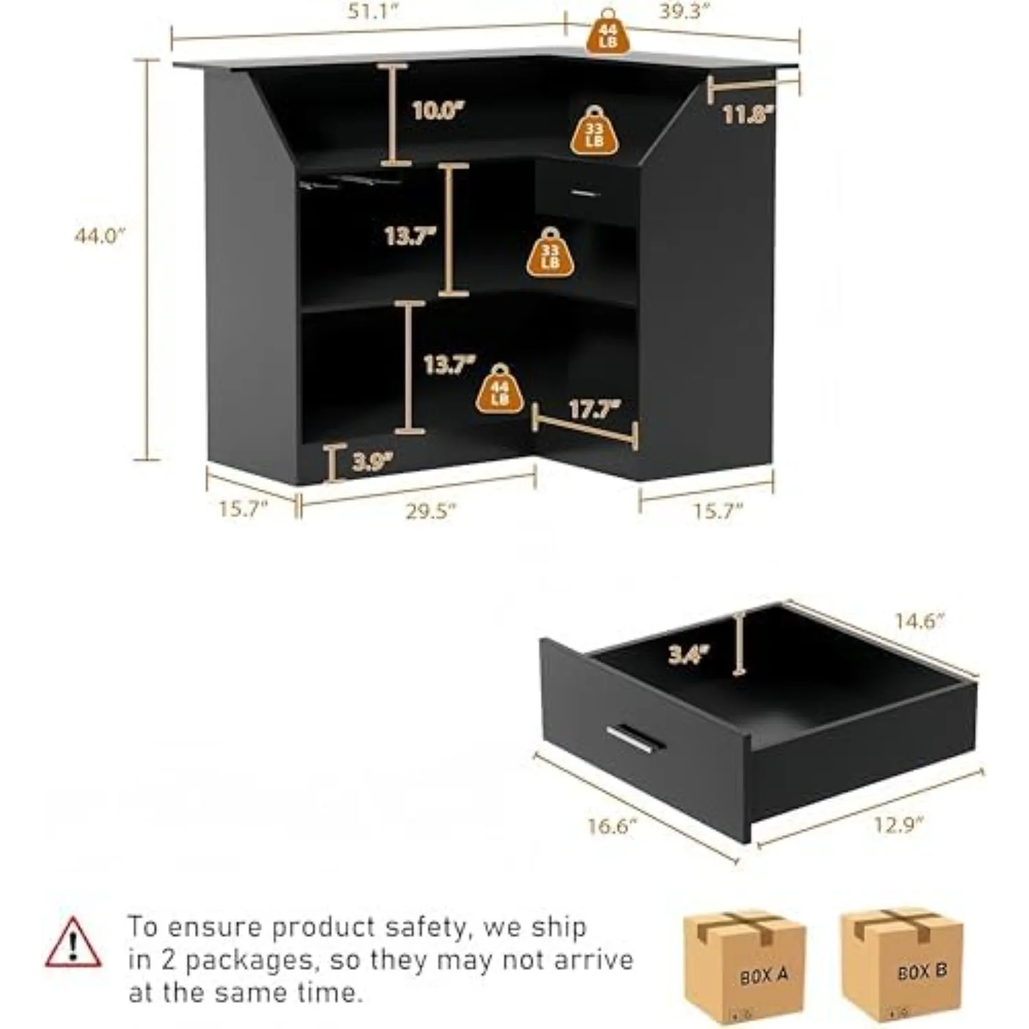L-Shaped Home Bar Unit with Power Outlet, 4-Tier Corner Liquor Bar Cabinet with Storage Shelves, Drawer, Wine Glasses