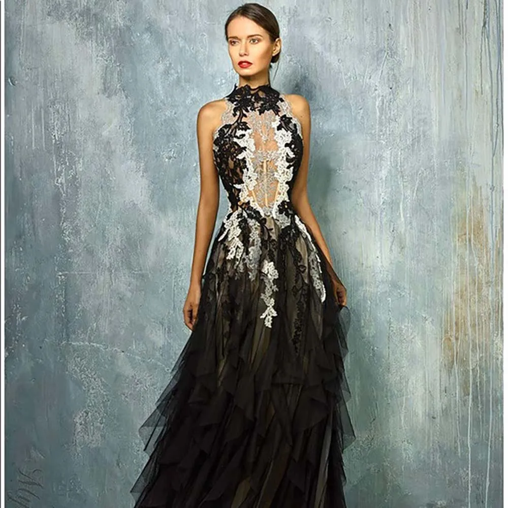 

Formal Lace Appliques Evening Dresses Gowns Formal Occasion Sleeveless High Neck Floor Length Prom Dress for Women Vestidos 2025