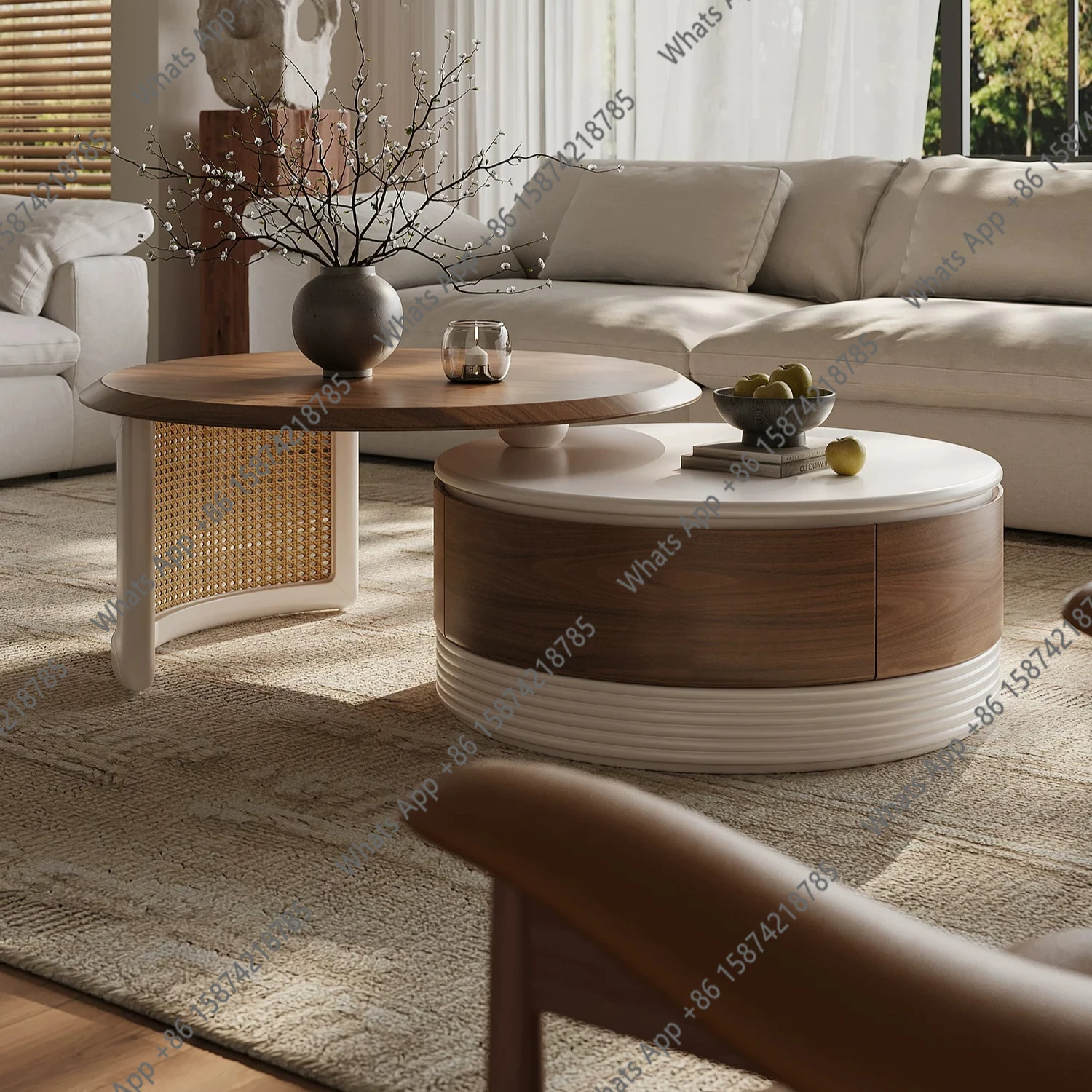 

Size round coffee table modern simple high-end living room home new light luxury high-end cream solid wood round table