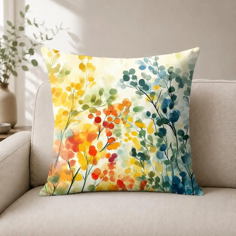 Watercolor Botanical Meadow Cushion Cover Soft Plush Cushion Case Throw Pillowcase Cozy Home Sofa Bed Living Room Bedroom Decor