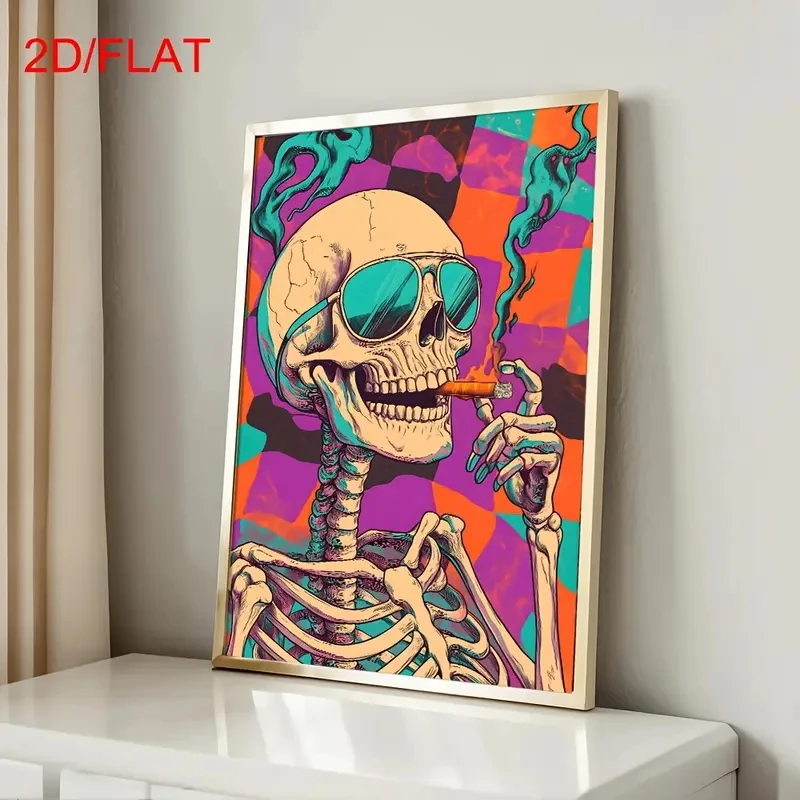 Abstract Skull Smoking Poster, Retro Modern Gothic Style Decoration Orange Purple Blue Green, Medieval-style Home Decoration