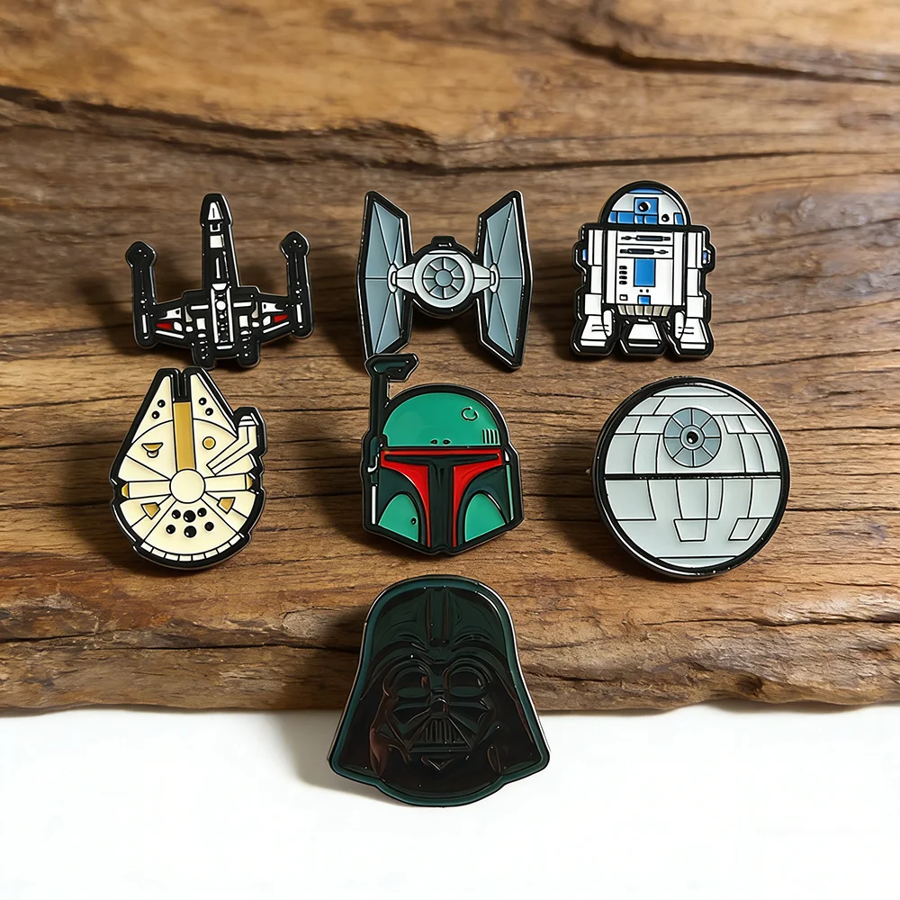 Set de 7 pines esmaltados de Star Wars - Colección de broches de dibujos animados de Stormtrooper, Darth Vader, Halcón Milenario, Estrella de la Muerte, R2-D2, Regalo
