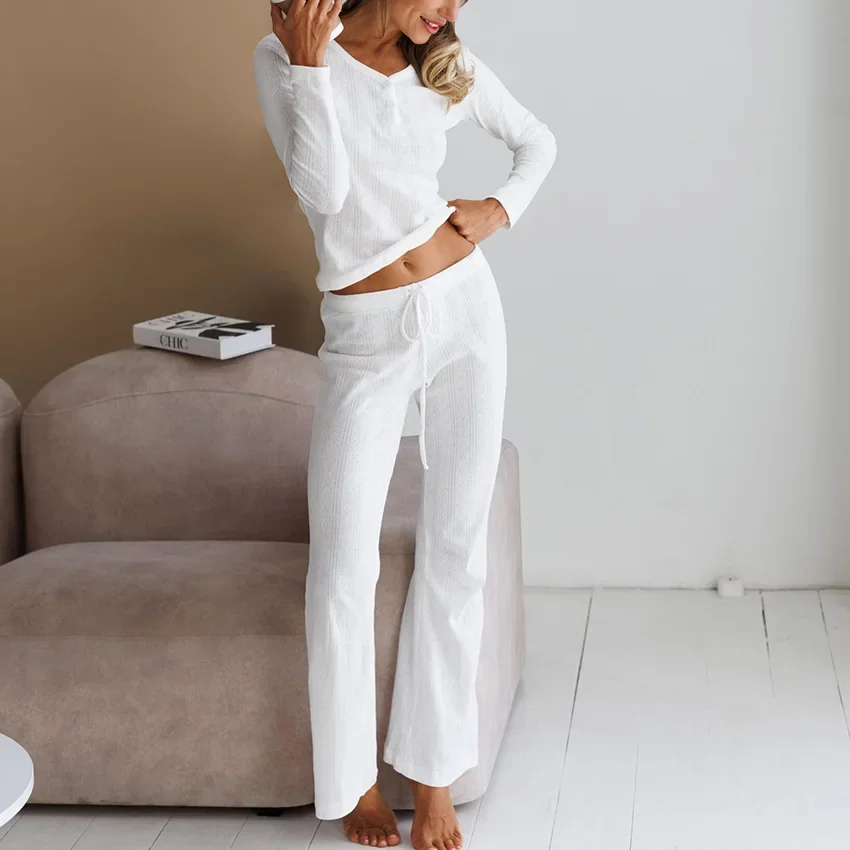 2024 Autumn White Knitted Hollow Jacquard Pajamas Two-piece Set Casual and Comfortable Women's Home Clothes