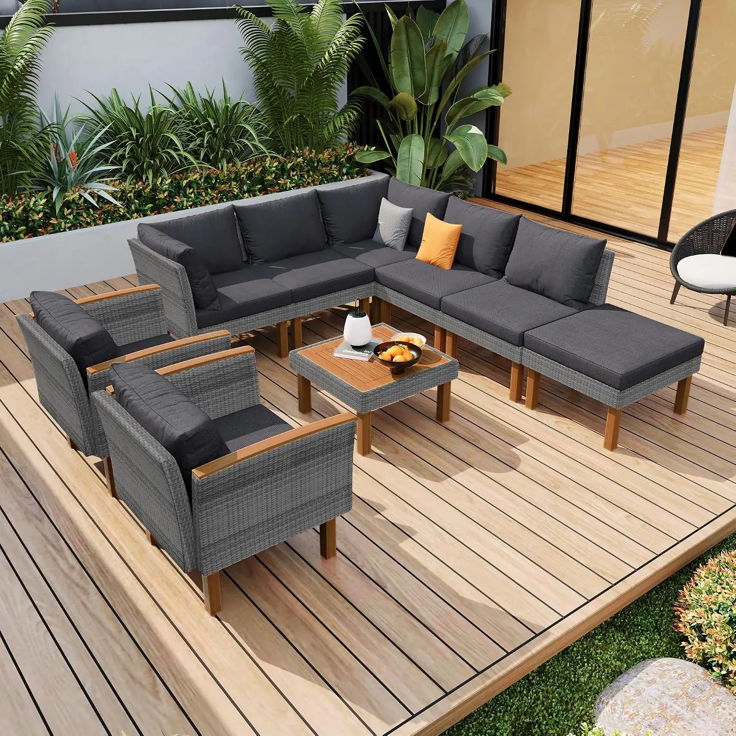 Outdoor Patio Furniture Sets, Free Combination Rattan Sofa with Wood Tabletop, 9-piece, Grey, Customized