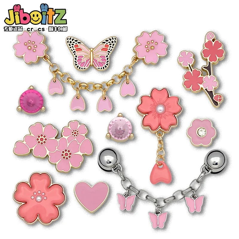 Dijes de Sheo de Metal para sandalias, flor rosa, mariposa, zuecos Y2k, dibujos animados, perlas, diamantes, decoración de zapatos, regalos para niños