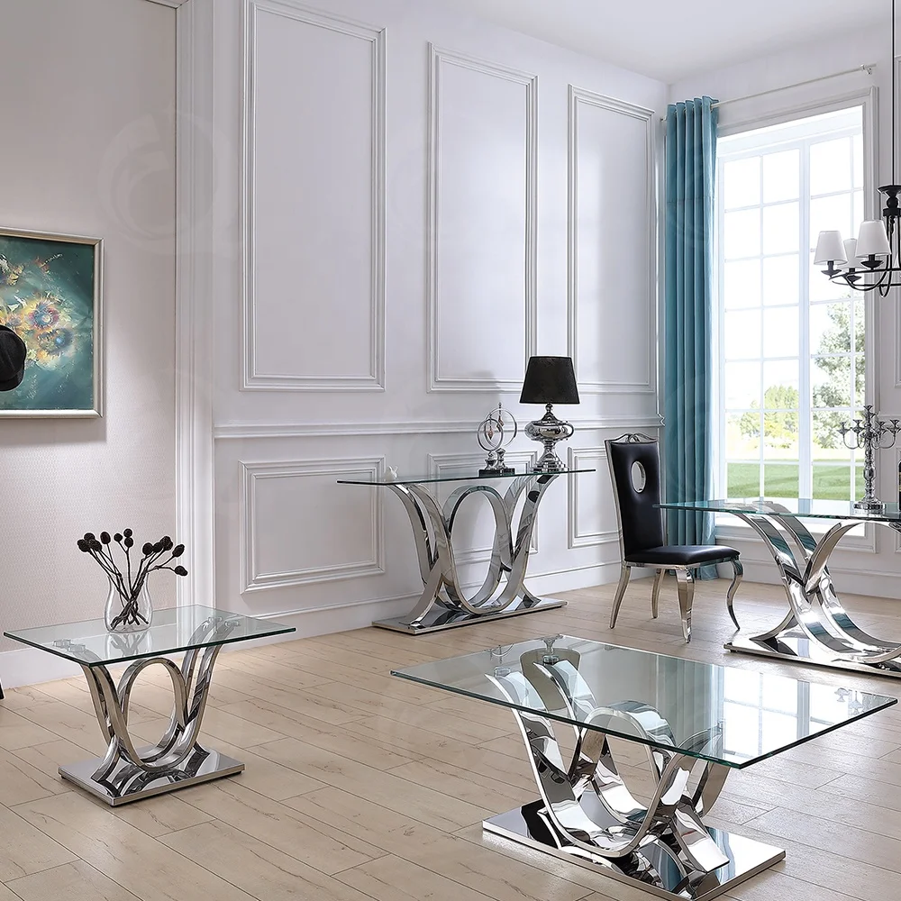 Living room furniture set stainless steel glass top metal console table