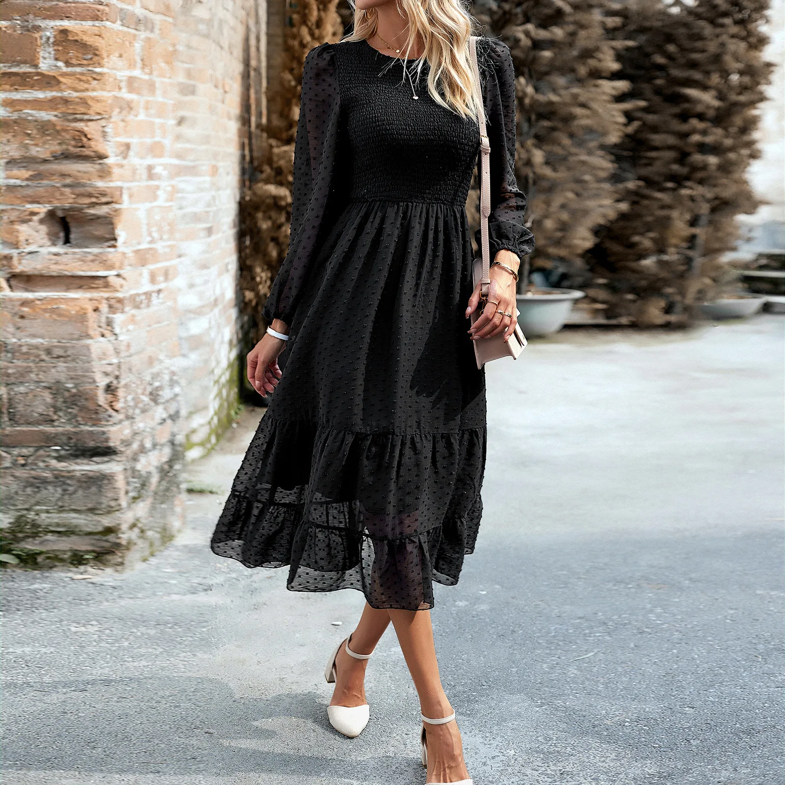 Phantasy Woman Fashion Long Dress Solid Puff Sleeve Dresses Autumn Winter A-line Office Lady Wear Girl Casual Streetwear Clothes