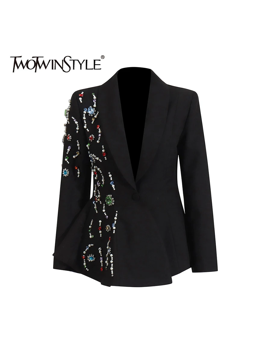 

TWOTWINSTYLE Spliced Diamonds Slimming Casual Blazers For Women Notched Long Sleeve Tunic Jackets Female Fashion Style Clothes