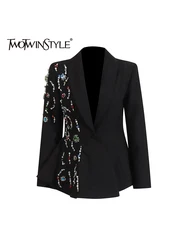 TWOTWINSTYLE Spliced Diamonds Slimming Casual Blazers For Women Notched Long Sleeve Tunic Jackets Female Fashion Style Clothes