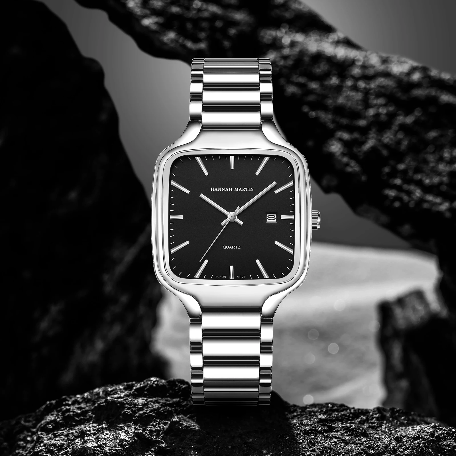 هانا مارتن العلامة التجارية الرجال الساعات السوداء مربع الفولاذ المقاوم للصدأ حزام 3Bar مقاوم للماء حركة الكوارتز اليابانية ساعة رياضية للرجال