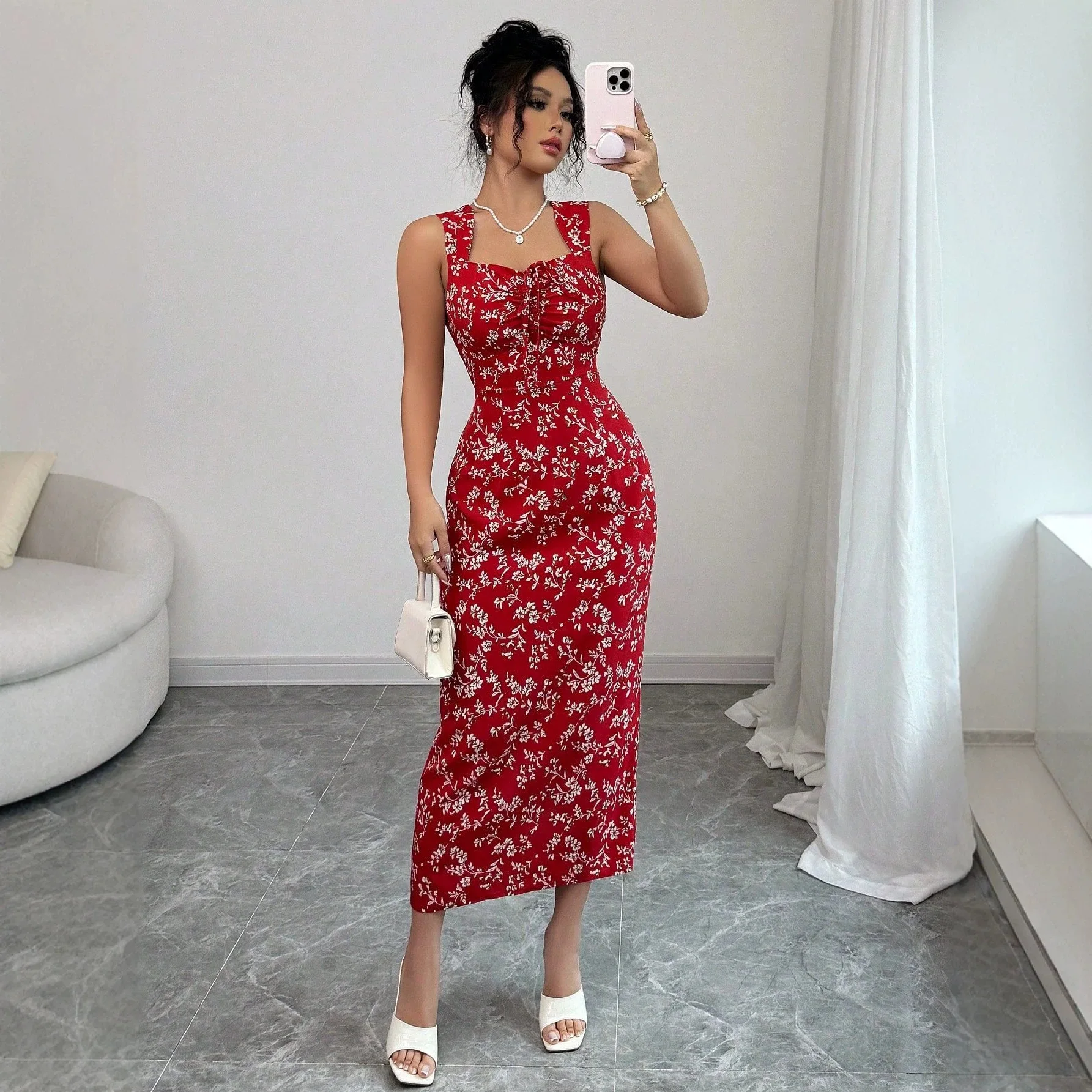 Red Sleeveless Strapless Women's Dress With A Goddess Vibe, Floral Print, Bodycon Long Dress Dress Elegant Femme Y2k、 Maxi