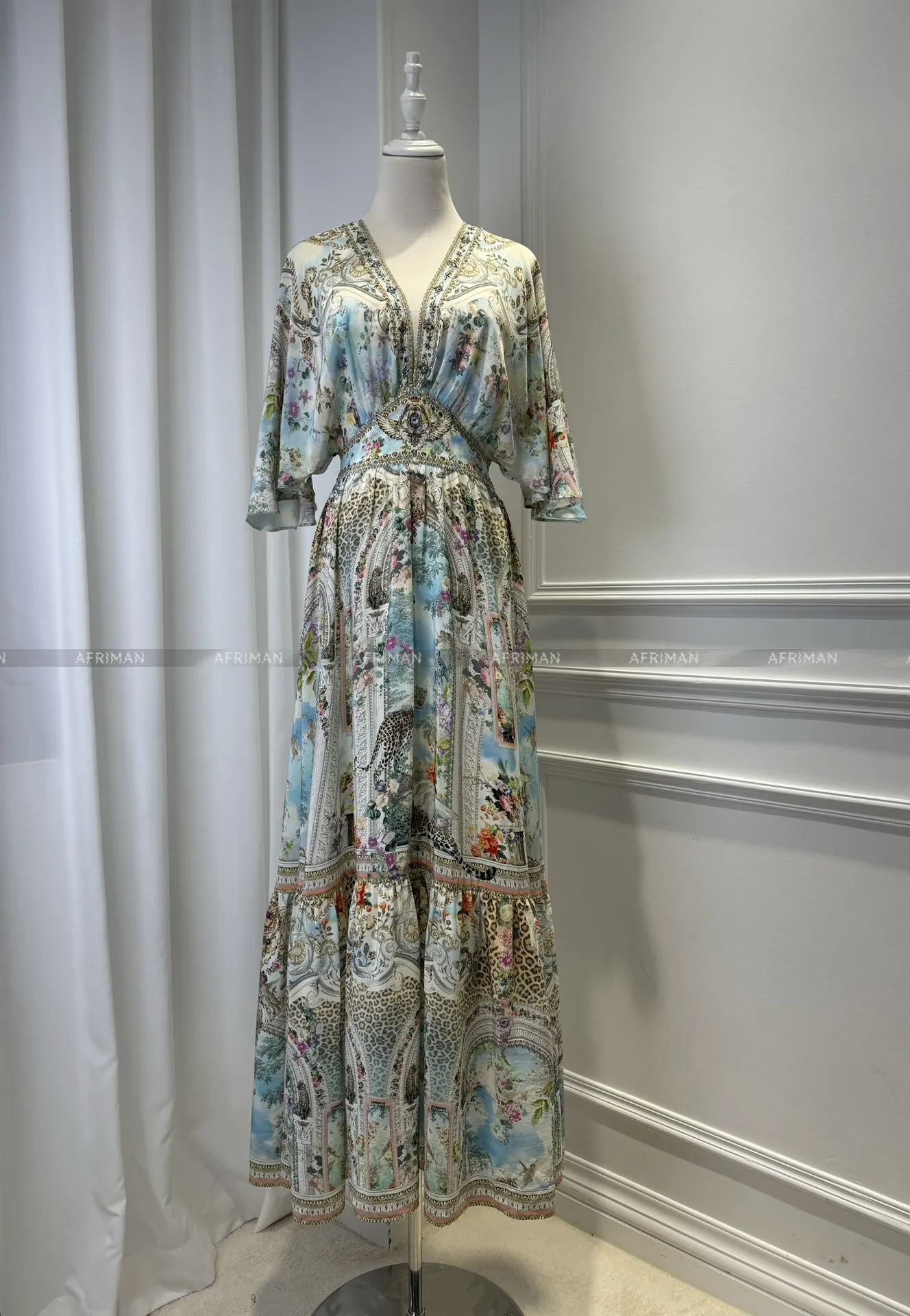 Robe évasée à manches courtes pour femmes, col en V, perles de cristal, imprimé floral et léopard rétro, taille élastique, 100%