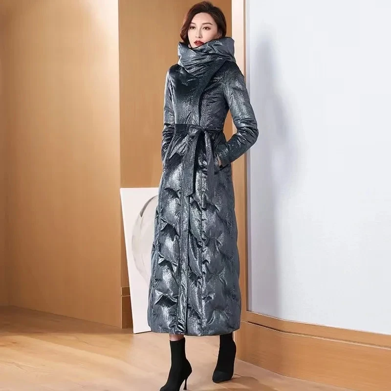 

High-end Luxury Womens Winter Jacket 2024 New Parkas Long White Duck Down Coat Hooded Fashion Slim Oversized Female Down Jackets
