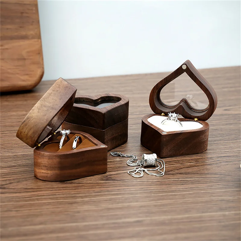 1Pcs Heart Walnut Wood Ring Box Proposal Engagement Ring Holder Jewelry Storage Boxes