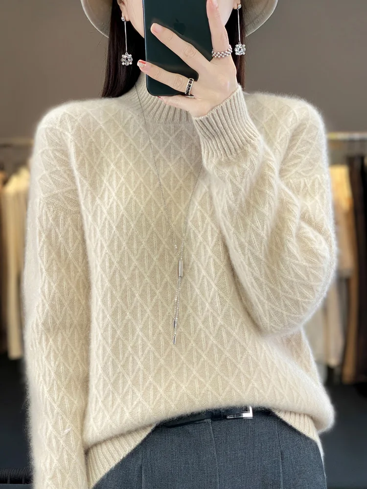 Pull en cachemire à col montant pour femme, 100% laine mérinos, pull UNIS issant, tricots en diamant, haut femme, automne et hiver