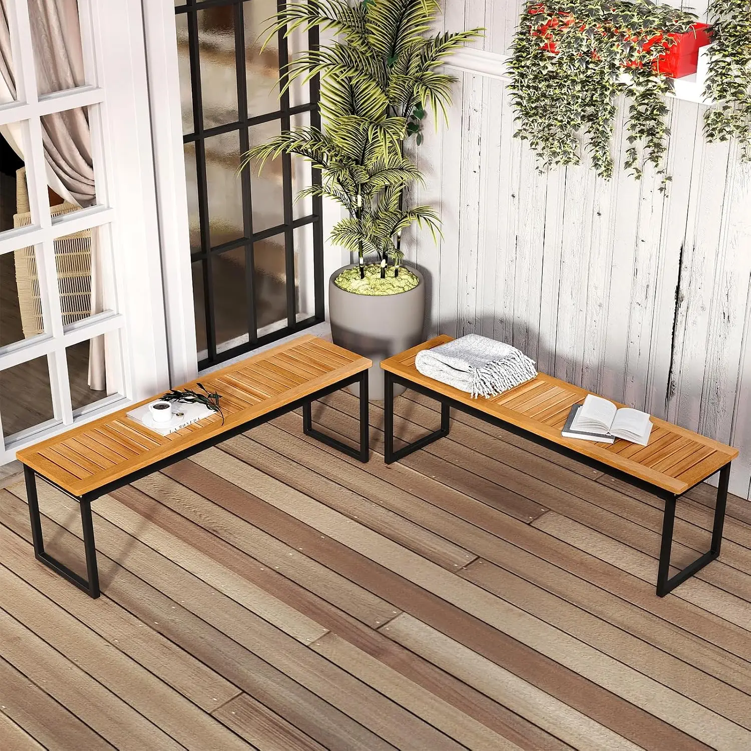 Backless Patio Bench Set of 2, Slatted Seat & Metal Legs, Indoor Outdoor Entryway Porch Garden Kitchen Seat, Customized