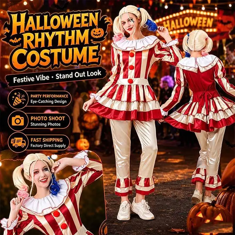 Women Red White Striped Circus Clown Costume Halloween Carnival Cosplay Outfit Fancy Dress Party Performance Suit