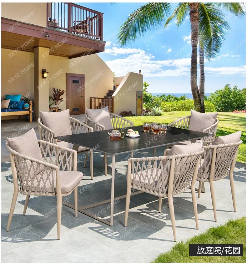 Outdoor drawstring chair courtyard outdoor rock slab dining table villa garden outdoor leisure table and chair combination