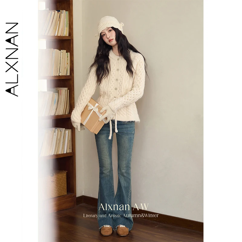 ALXNAN 살구색 울 가디건 여성 루즈핏 라운드넥 2025 가을 겨울 스웨터 신상 긴팔 니트 가디건 여성용 L51903