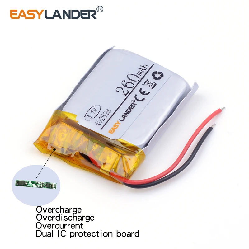 10 قطعة/الوحدة 3.7 فولت 402528   بطارية ليثيوم أيون ليثيوم بوليمر قابلة لإعادة الشحن بقدرة 260 مللي أمبير في الساعة لمكبرات صوت سماعة رأس بخاصية البلوتوث ألعاب صغيرة من الفولاذ