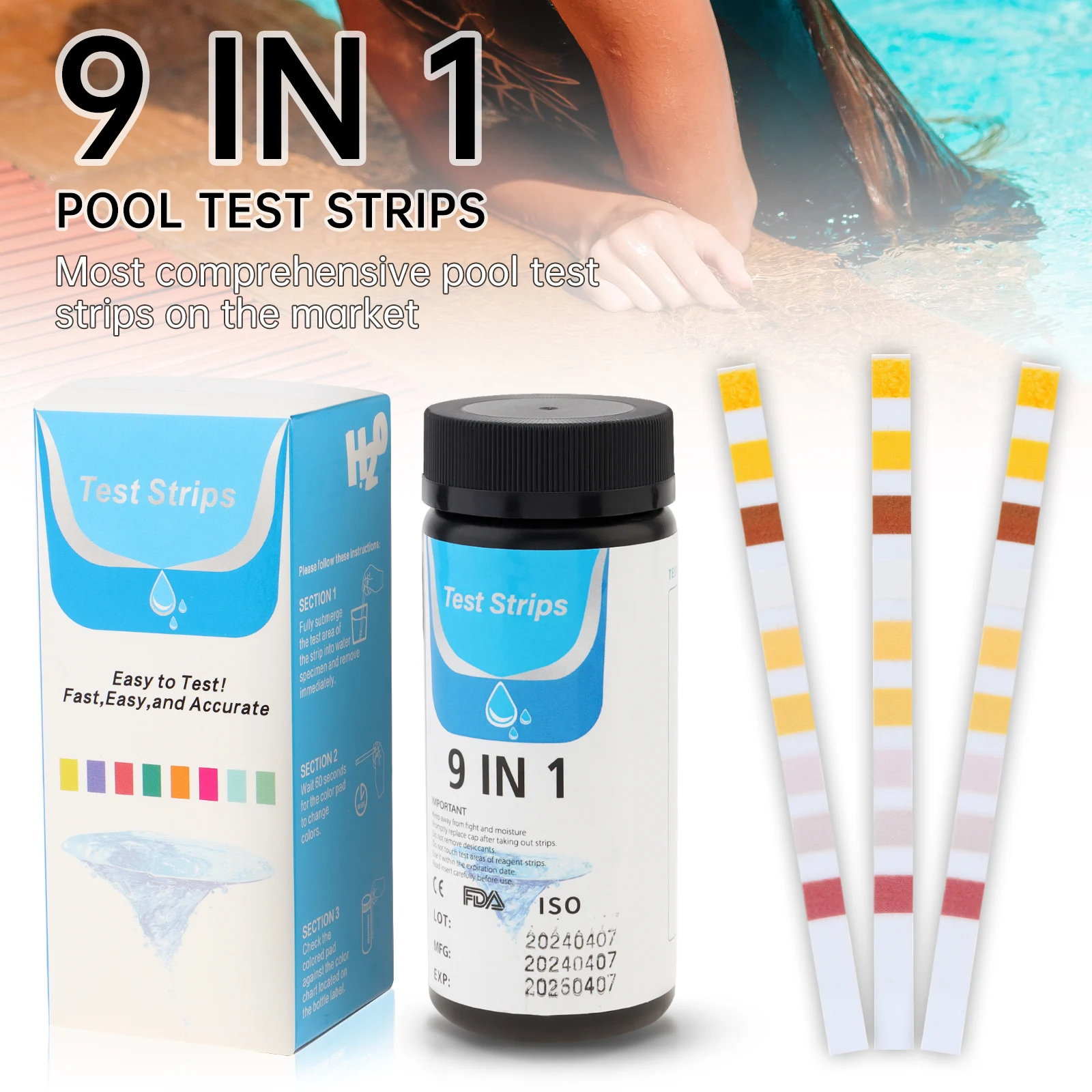 9 in 1 Total Alkaline PH Test Strips Hardness Iron Copper Nitrate Nitrite Fluoride Pool Spa and Hot Tub Testing Test Paper Kit