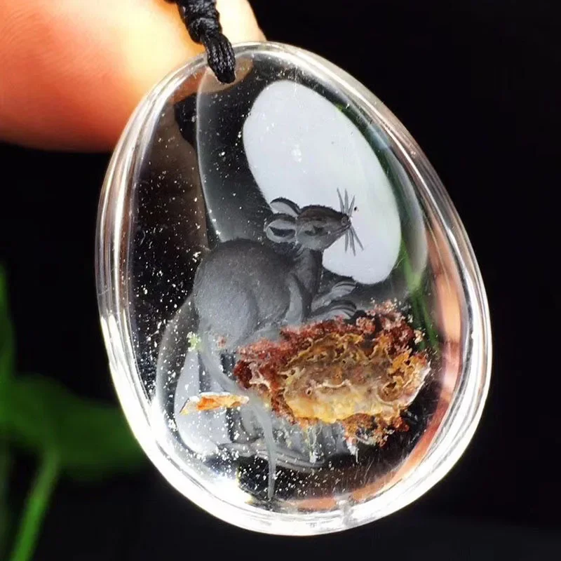 Flower Natural Ghost Crystal Pendant Hand Carved Mouse Sweater Chain Necklace Lucky for Women Men Chinese Zodiac Crystal Jewelry