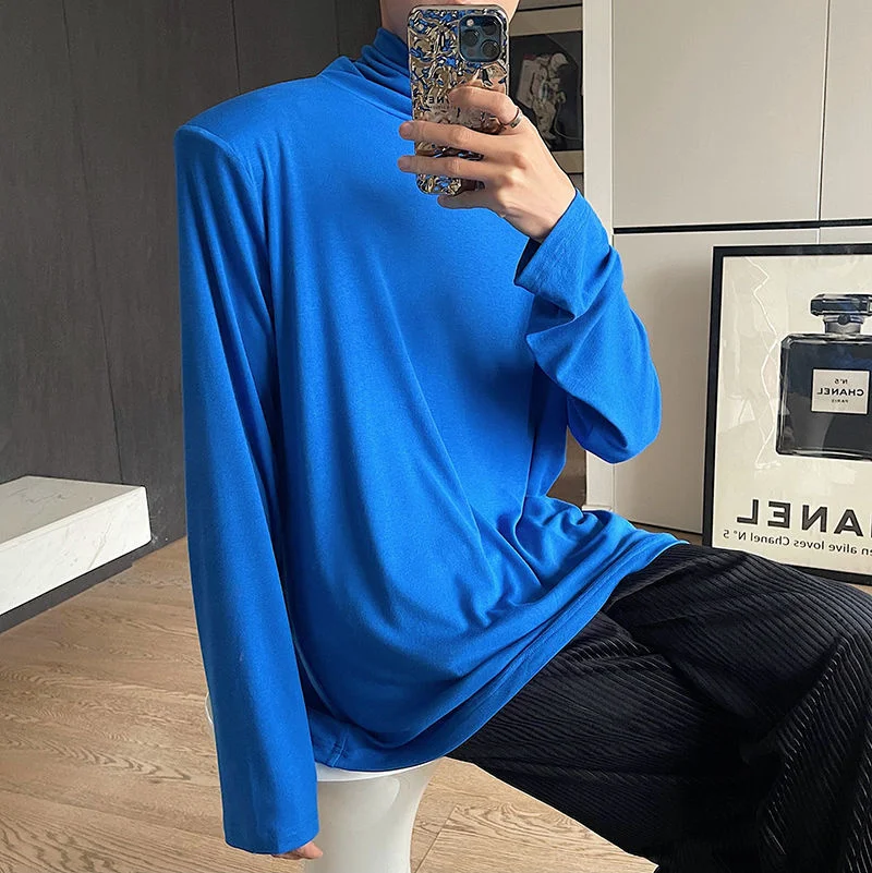 IEFB Turtleneck Simple Solid Color Men\'s T-shirt Long Sleeve Korean Male Top Shoulder Pad Summer Autumn New Fashion Tees 9A2222