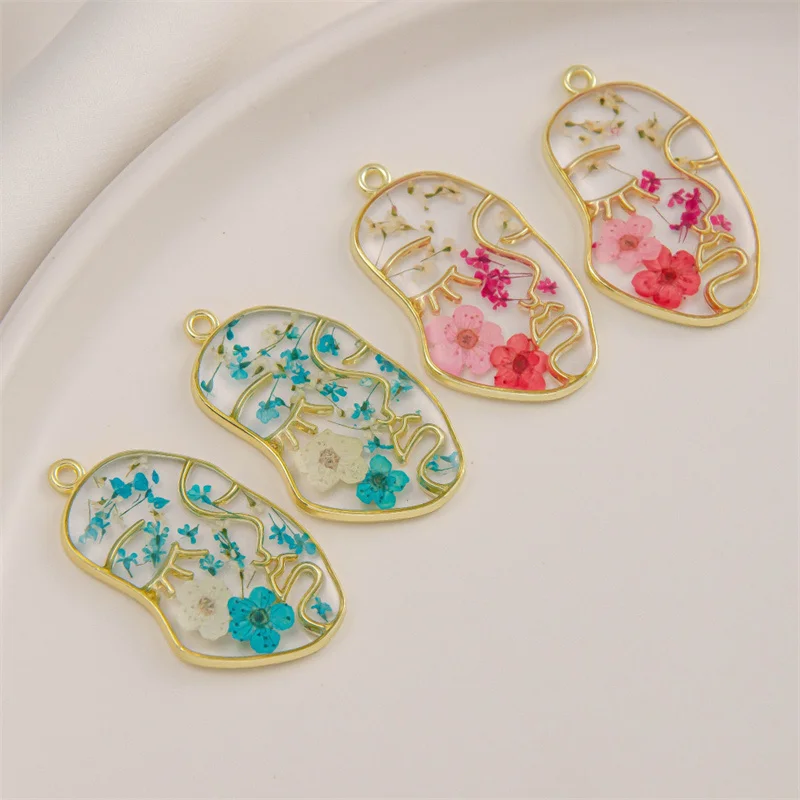 Min order 20pcs/lot color Natural dried flowers core alloy face shape floating locket charms diy jewelry earring accessory