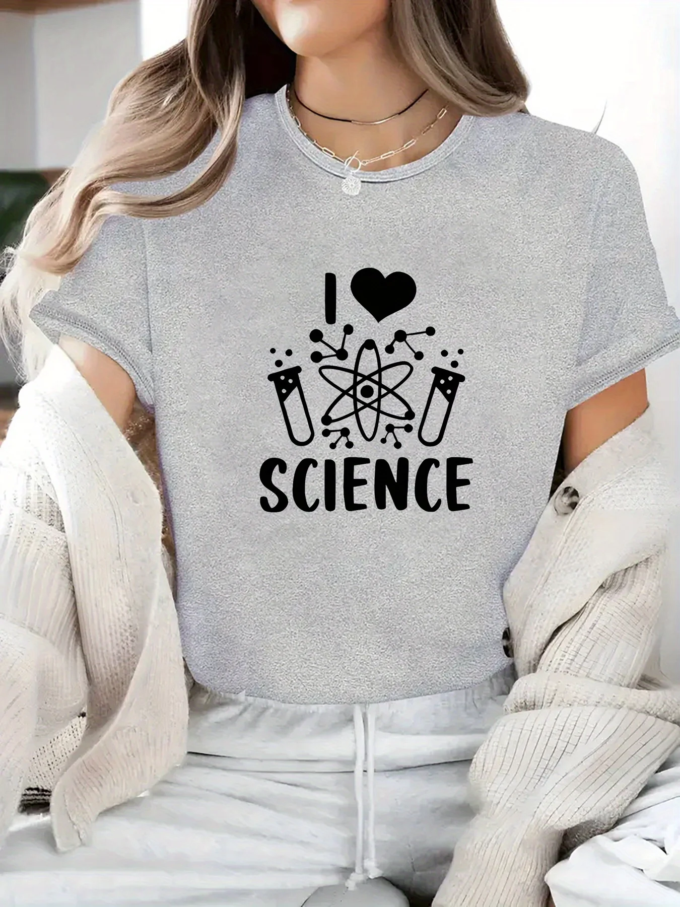 Manica girocollo da donna con stampa grafica scientifica con fiaschette da laboratorio dal design "I Love Science", tessuto elasticizzato traspirante per la corsa