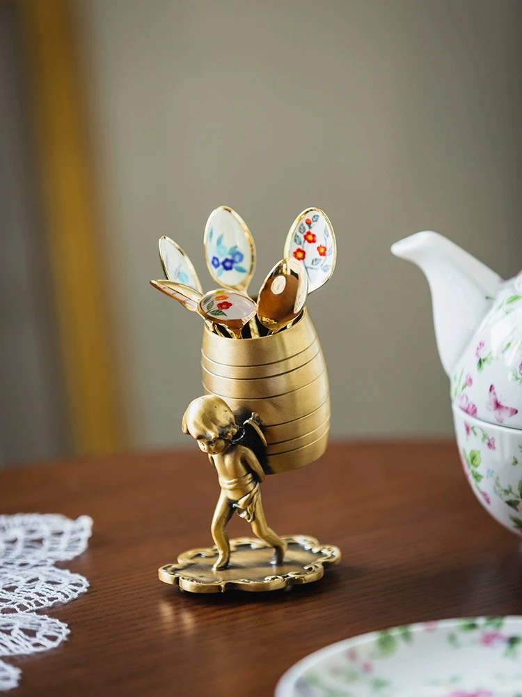 Retro Brass Angel Spoon Fruit Forks Storage Basket Luxury European Snack Dessert Cake Fork Coffee Tea Spoon Organizer Holder