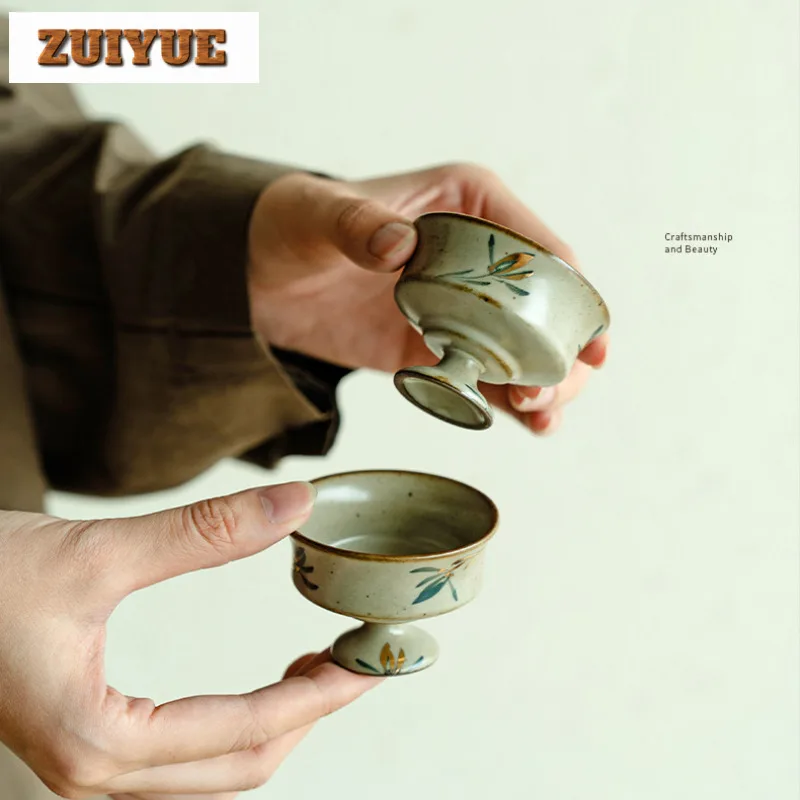 2pc/lot Antique Gold Drawing Ceramic TeaCup Hand-painted Butterfly Orchid Single Master Cup Personal High Footed Cup Teaset 40ML