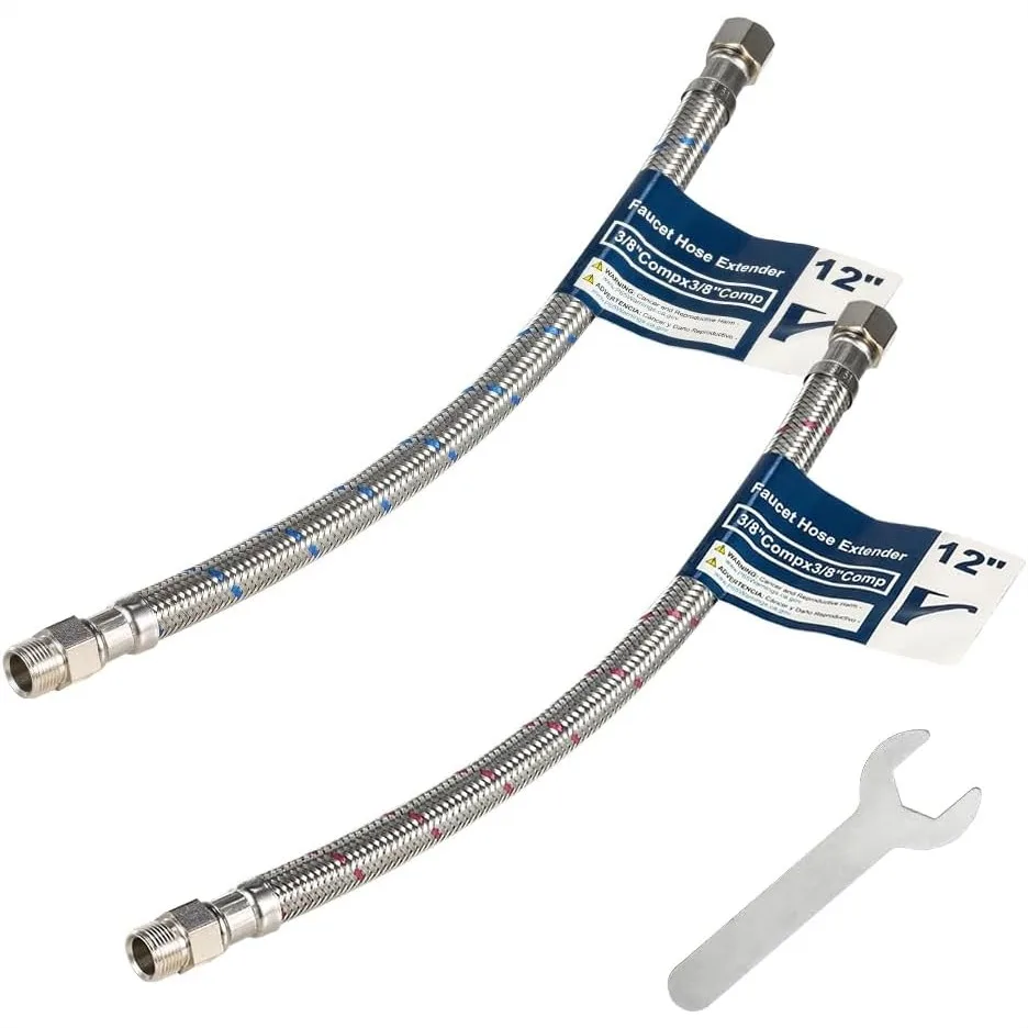 

2 Pack 12 Inch Faucet Supply Line Extension, 3/8 OD Comp Male x 3/8 Comp Female Braided Stainless Steel Hose for Kitchen