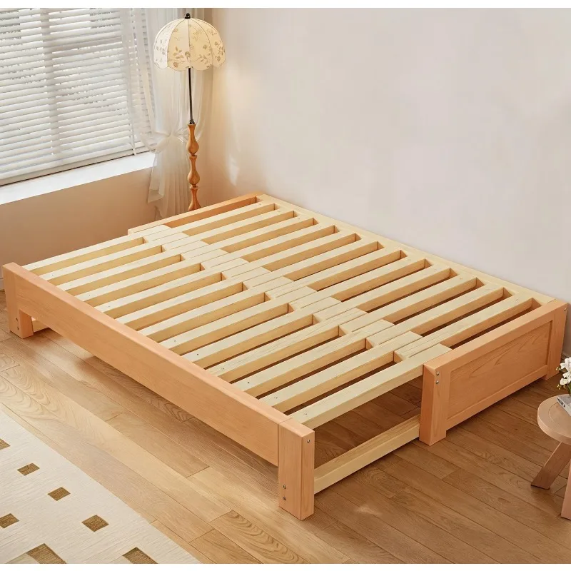 Solid Beech Wood Sofa Bed Folding Dual Use Living Room Multi Function Extendable Pull Out Bed Tatami Small Apartment Double Bed