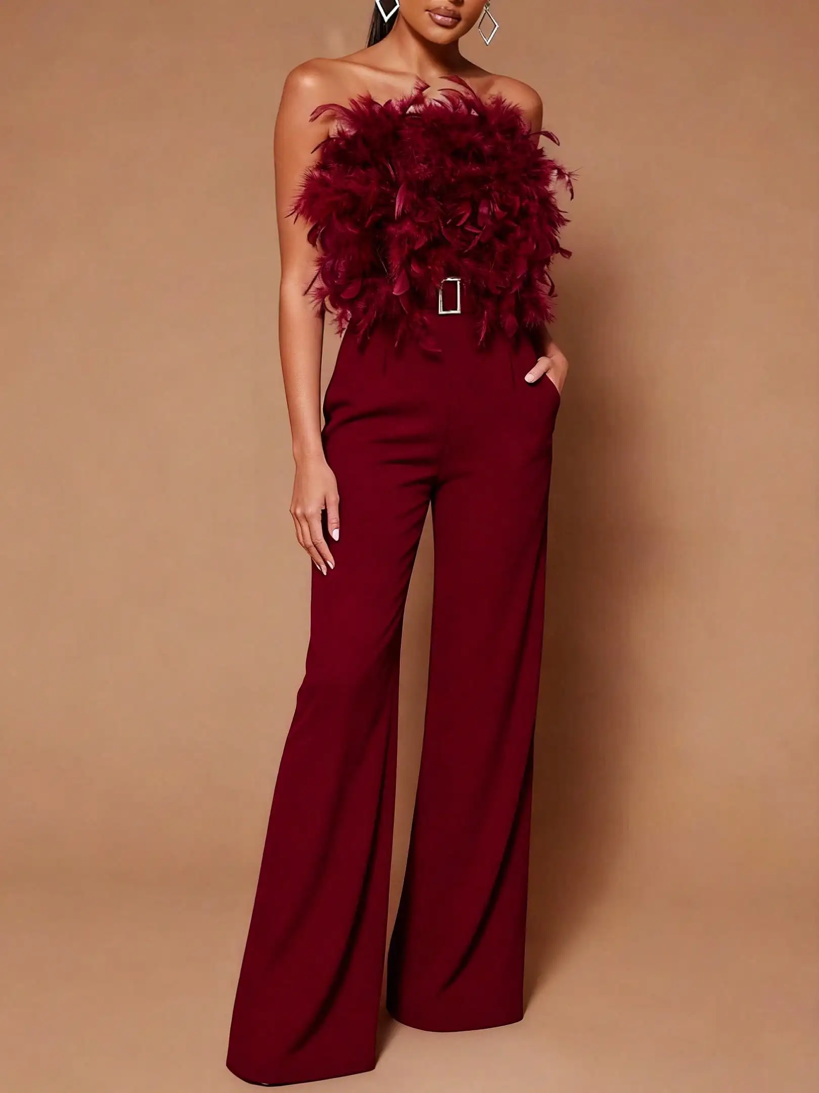 

BWQ Women's Elegant Burgundy Feather Trim Jumpsuit - Sleeveless Wide Leg Romper With Metallic Belt & Shoulder Detail
