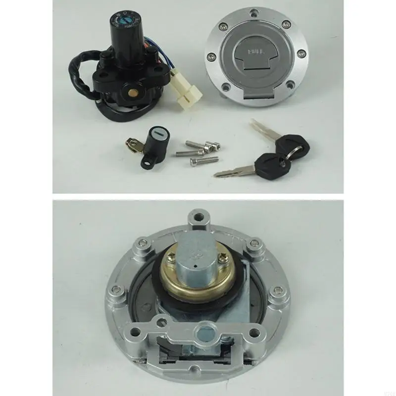 M76E Motorrad-Ersatzschloss mit schwarzem Schlosskörper, silberner Metallkappe, zwei Schlüsseln und zwei elektrischen Kupplungskabelbäumen. – Detail 3