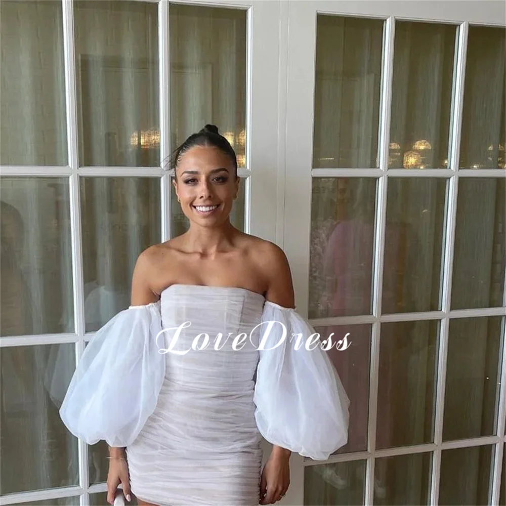 Love Sexy Beach Strapless Pleating Tulle Puffy Sleeves Above Knee Wedding Dress Elegant Short Vestido De Novia Mini Bridal Gowns