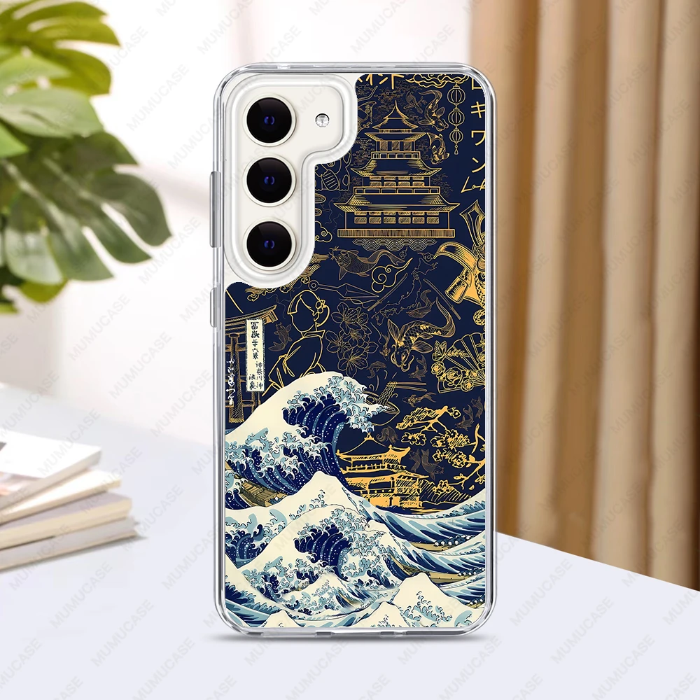 2 in 1 PC+TPU Phone Case For Samsung Galaxy S25 S24 S23 Ultra S24FE A34 A35 A53 A54 A55 Shockproof Cover japanese waves Art