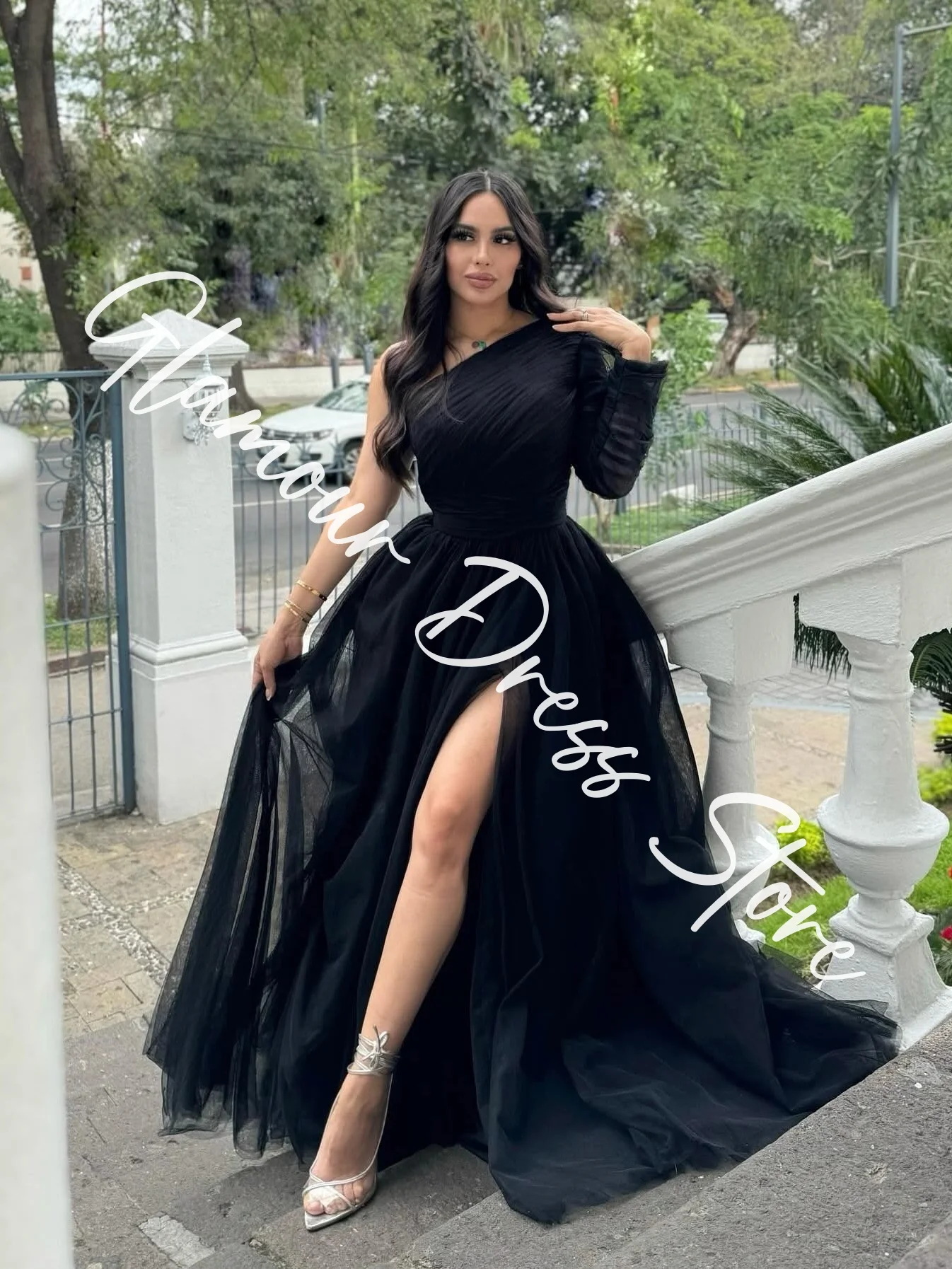 Customized Exquisite Tulle A-Line One Shoulder Evening Dresses Long Sleeves Panel Train Black Bespoke Occasion Gowns Formal