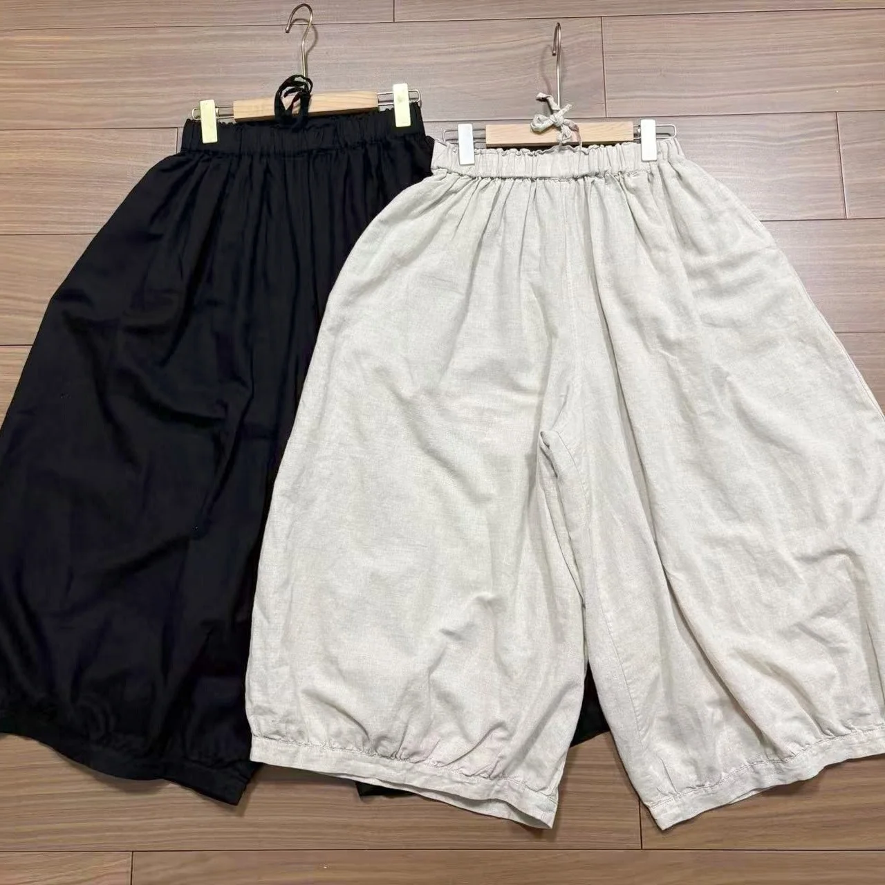 

Elegant Cotton Linhing High Waist Pleated Skirt Pants Women's Summer New Style Loose Elastic Waist Linen Balloon Pants