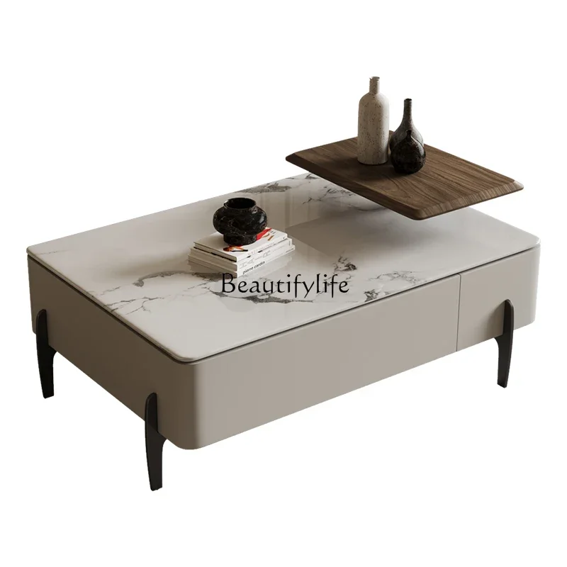 

Bright rock slab coffee table retractable Italian light luxury designer rectangular coffee table