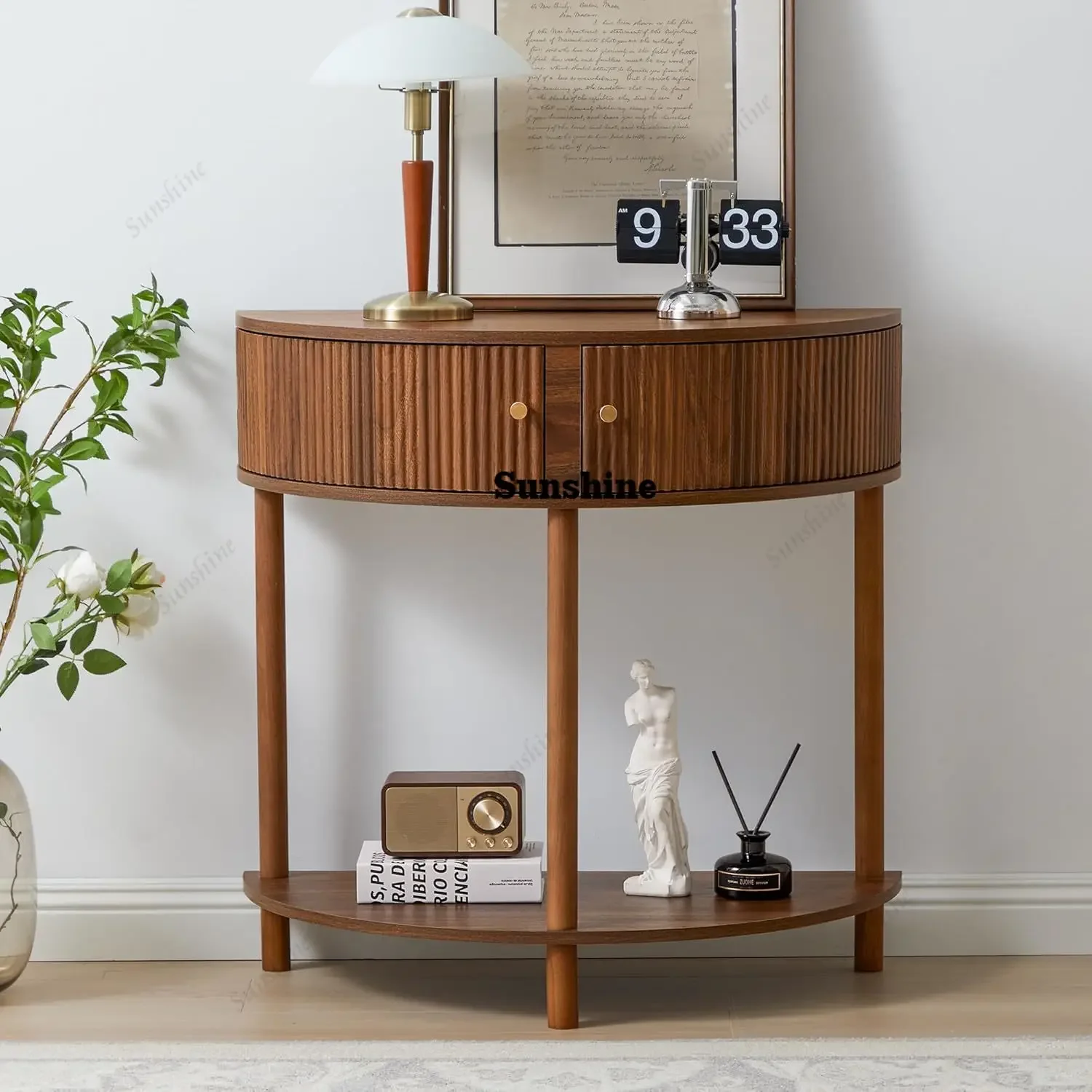 Fluted Half Moon Console Table Storage Solid Wood Legs Narrow Entryway Living Room Hallway Foyer, Customized  FT