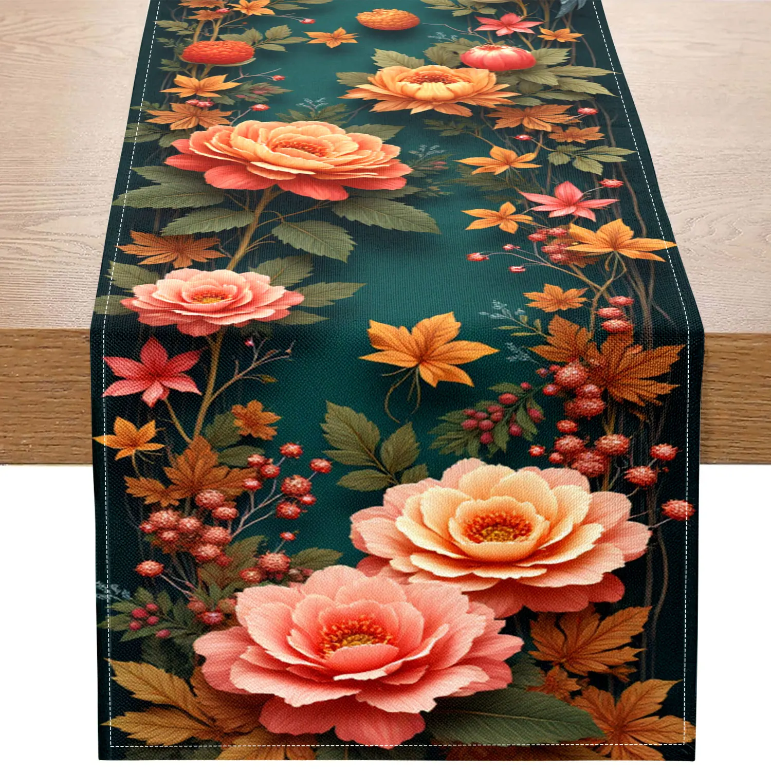 

Цельная дорожка для стола на осень с фазанами, пионами и осенними листьями, подходит для осени, легкого роскошного домашнего декора
