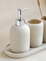 5Pcs Bathroom Accessories set Lotion Dispenser Toothbrush Holder Tray Tumbler Cup Soap Dish Beige and Grey 5