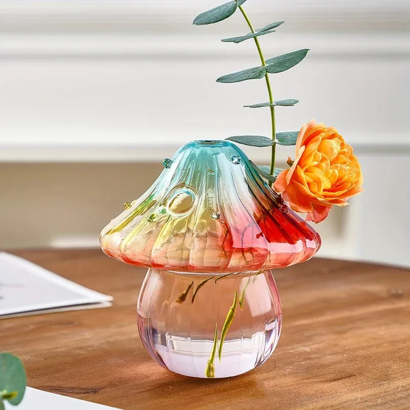 

Cute Colorful Handmade Glass Vase - Mushroom Shape, Transparent Hydroponic Style with Spray Paint for Home Decoration