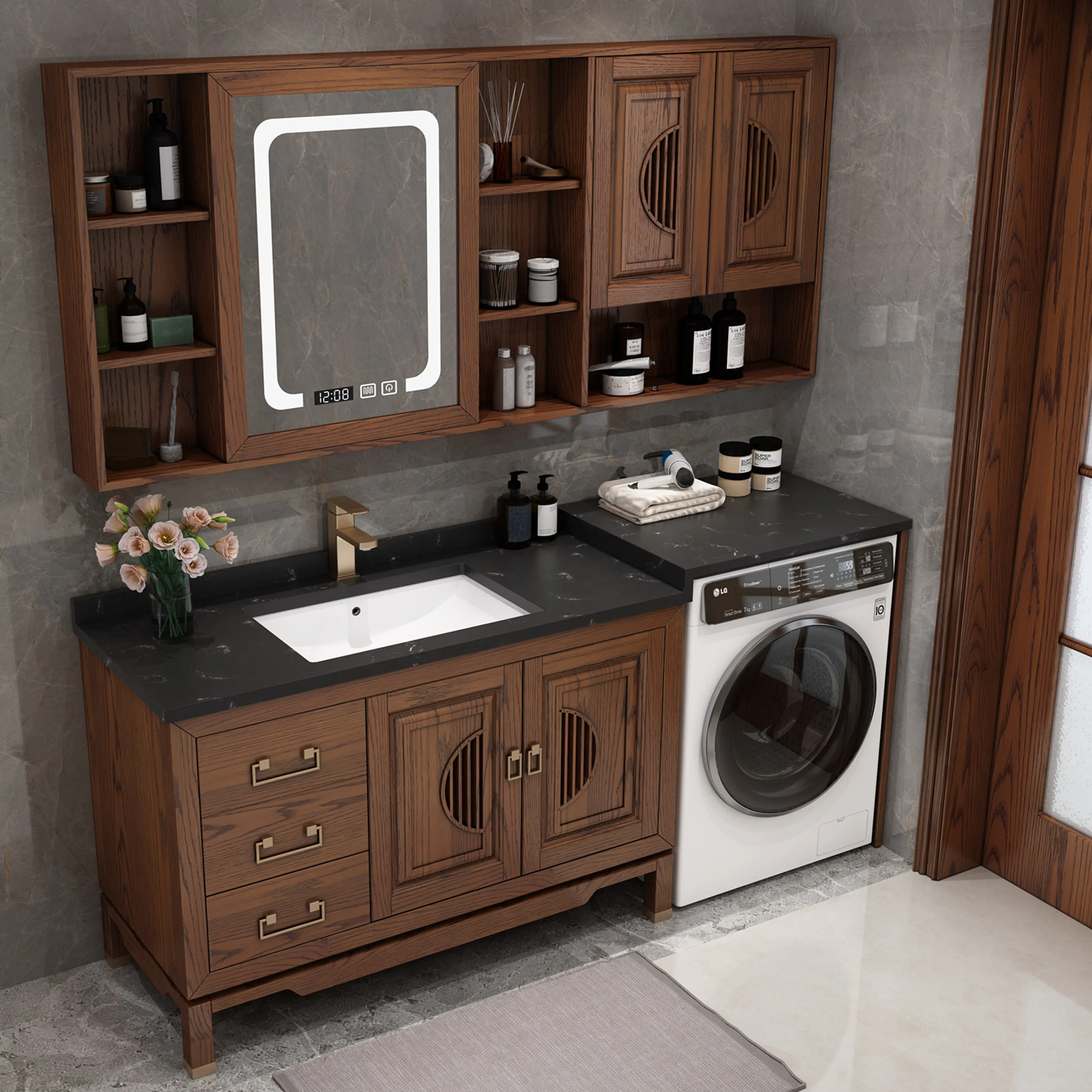 

Red oak slate integrated countertop basin bathroom cabinet with washing machine combination cabinet