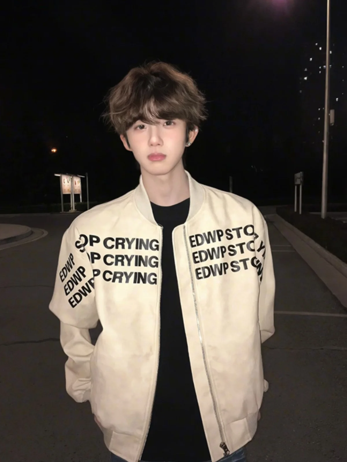 

Khaki PU Leather ort Jaet Men's 2025 Spring New Pilot Sle Baseball Outfit Loose Fit Youthful Polyester Fiber Zipper Clo...